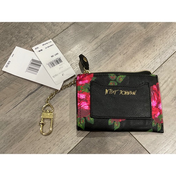 Betsey Johnson Accessories - Betsey Johnson Floral ID Case Wallet Black Pink Rose Faux Leather Keychain NWT